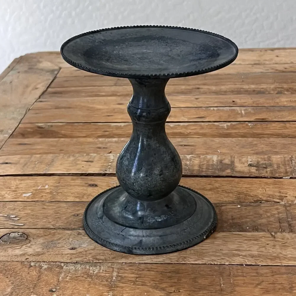 Metal Pillar Candle Holder Gray Rustic Finish 6.25